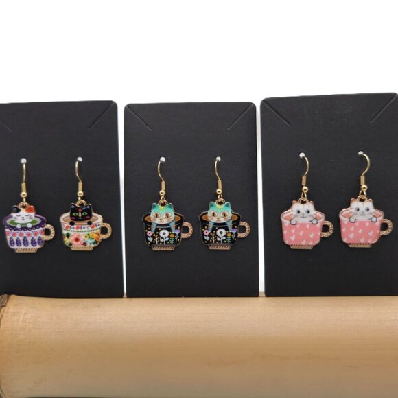 Asian Garden Calico Cat Cherry Blossom Teacup Earrings – Handmade & Customizable - Picture 3 of 16